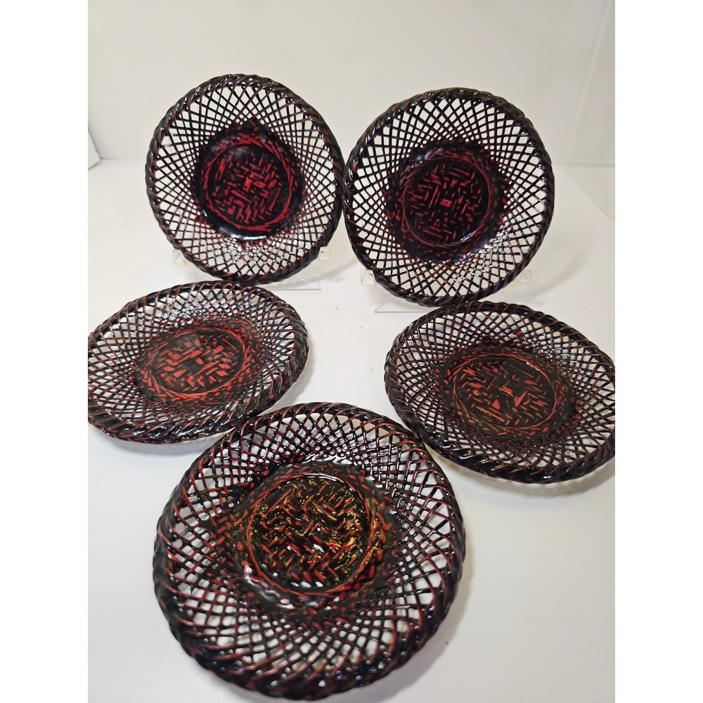 Set of 5 Decorative Woven Round Trays Red Black Lacquer‎ Kyushu Rantai Style